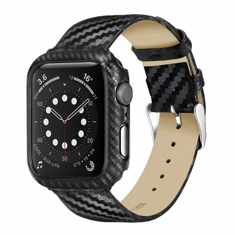 Armband und Rahmen aus echtem Leder und Kohlefaser für Apple Watch Series 3, 2 und 1 (38 mm)