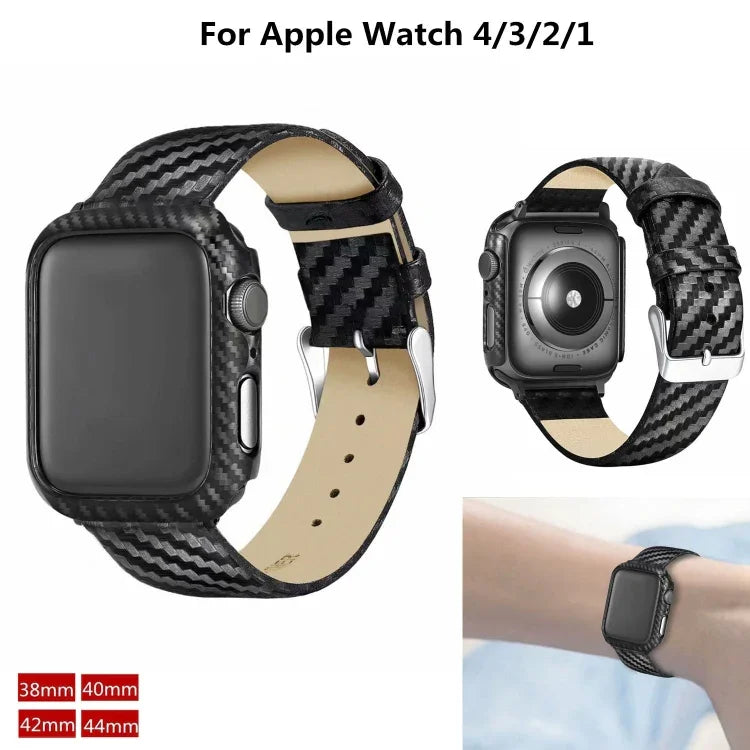 Armband und Rahmen aus echtem Leder und Kohlefaser für Apple Watch Series 3, 2 und 1 (42 mm)
