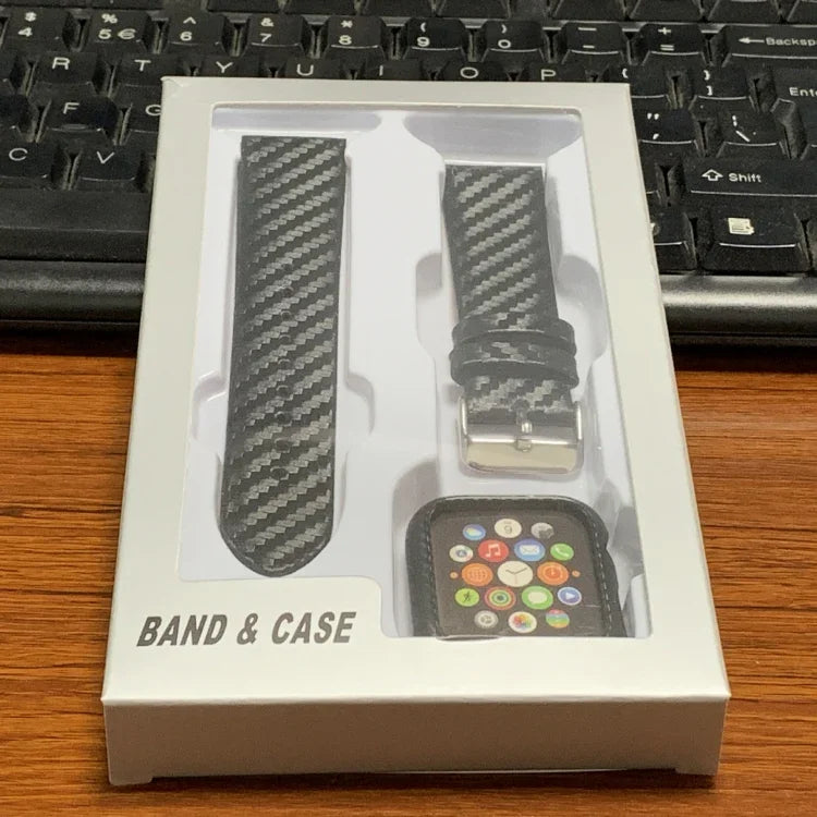 Armband und Rahmen aus echtem Leder und Kohlefaser für Apple Watch Series 3, 2 und 1 (42 mm)