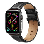 Schwarzes Lederarmband mit Dornschließe für Apple Watch Series 10 (42 mm), 9, 8 und 7 (41 mm), SE 3, SE 2, 6, SE, 5 und 4 (40 mm) sowie 3, 2 und 1 (38 mm) und weitere Modelle.