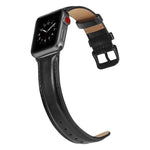 Schwarzes Lederarmband mit Dornschließe für Apple Watch Series 10 (42 mm), 9, 8 und 7 (41 mm), SE 3, SE 2, 6, SE, 5 und 4 (40 mm) sowie 3, 2 und 1 (38 mm) und weitere Modelle.