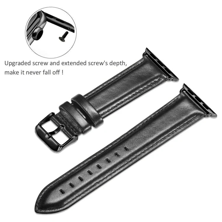 Schwarzes Lederarmband mit Dornschließe für Apple Watch Series 10 (42 mm), 9, 8 und 7 (41 mm), SE 3, SE 2, 6, SE, 5 und 4 (40 mm) sowie 3, 2 und 1 (38 mm) und weitere Modelle.
