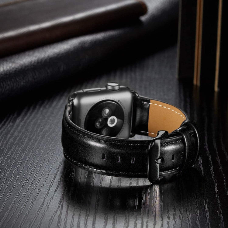 Schwarzes Lederarmband mit Dornschließe für Apple Watch Ultra 49 mm &amp; Watch Ultra 2 49 mm / Series 10 46 mm / 9 &amp; 8 &amp; 7 45 mm / SE 3 &amp; SE 2 &amp; 6 &amp; SE &amp; 5 &amp; 4 44 mm / 3 &amp; 2 &amp; 1 42 mm