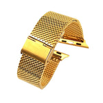 Milanese watch band for Apple Watch in gold stainless steel, adjustable and comfortable design.