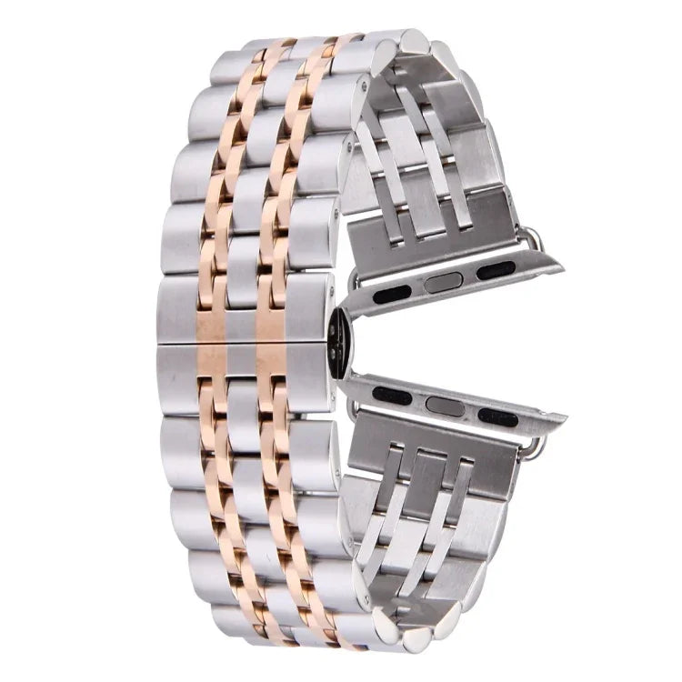 Versteckte Schmetterlingsschließe, 7-Perlen-Edelstahlarmband für Apple Watch 42 mm (Silber/Gold), 20 mm Damen