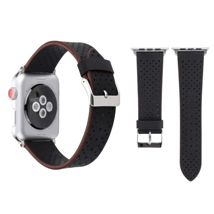 Für Apple Watch Series 10 42 mm / 9 &amp; 8 &amp; 7 41 mm / SE 3 &amp; SE 2 &amp; 6 &amp; SE 5 &amp; 4 40 mm / 3 &amp; 2 &amp; 1 38 mm: Schlichtes, modisches Echtlederarmband mit Lochmuster, 38 mm