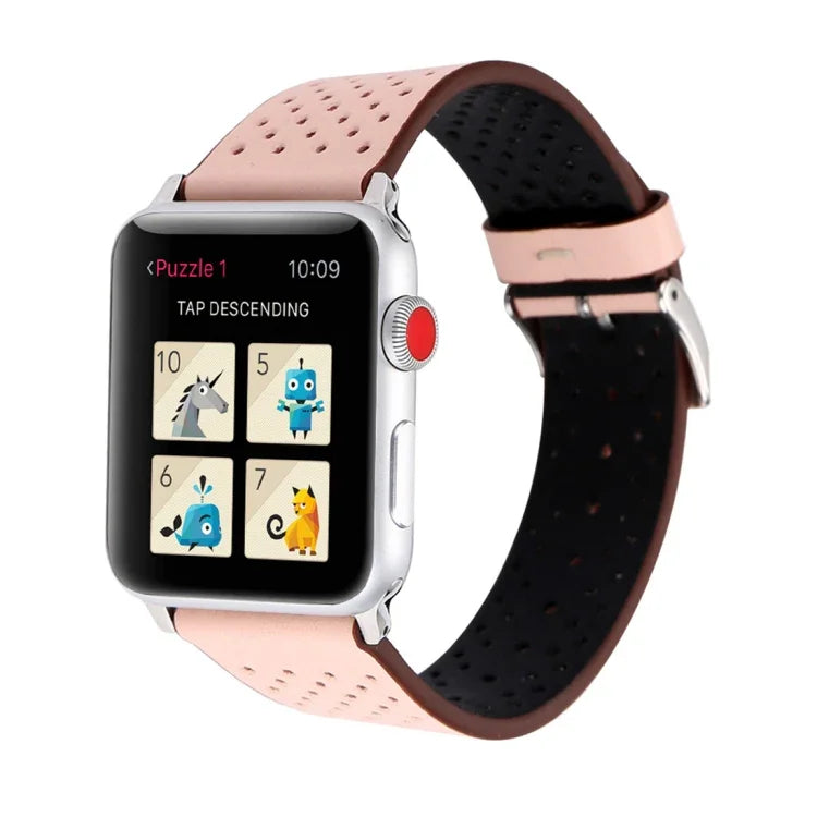 Für Apple Watch Series 10 42 mm / 9 &amp; 8 &amp; 7 41 mm / SE 3 &amp; SE 2 &amp; 6 &amp; SE 5 &amp; 4 40 mm / 3 &amp; 2 &amp; 1 38 mm: Schlichtes, modisches Echtlederarmband mit Lochmuster, 38 mm