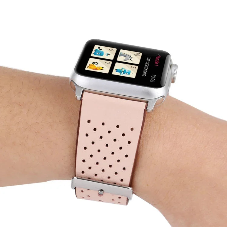 Für Apple Watch Series 10 42 mm / 9 &amp; 8 &amp; 7 41 mm / SE 3 &amp; SE 2 &amp; 6 &amp; SE 5 &amp; 4 40 mm / 3 &amp; 2 &amp; 1 38 mm: Schlichtes, modisches Echtlederarmband mit Lochmuster, 38 mm
