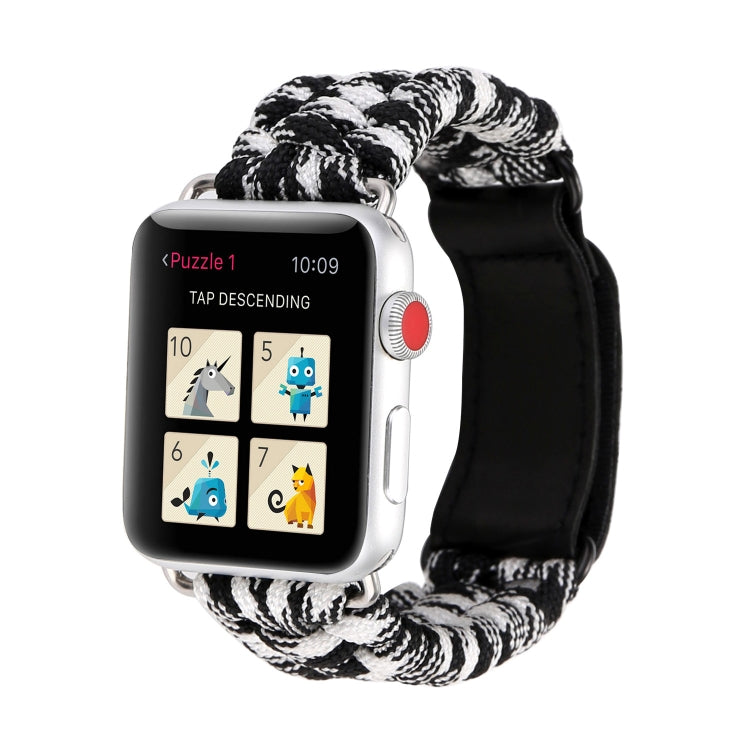 Magic Paste echtes Leder Schirmseil Nylon Armband mit Edelstahlschnalle für Apple Watch Series 10 42mm / 9&8&7 41mm / SE 3&SE 2&6&SE&5&4 40mm / 3&2&1 38mm, 7 41mm / 6&SE&5&4 40mm / 3&2&1 38mm