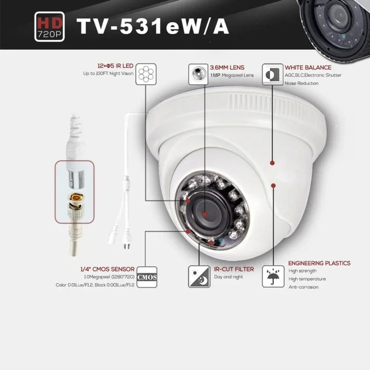 531eA CE- und RoHS-zertifizierte, wasserdichte 3,6-mm-3-MP-AHD-Kamera mit 12 IR-LEDs, Nachtsichtfunktion und Weißabgleich, 531eA-W, 531eA-L, 531eA-H2