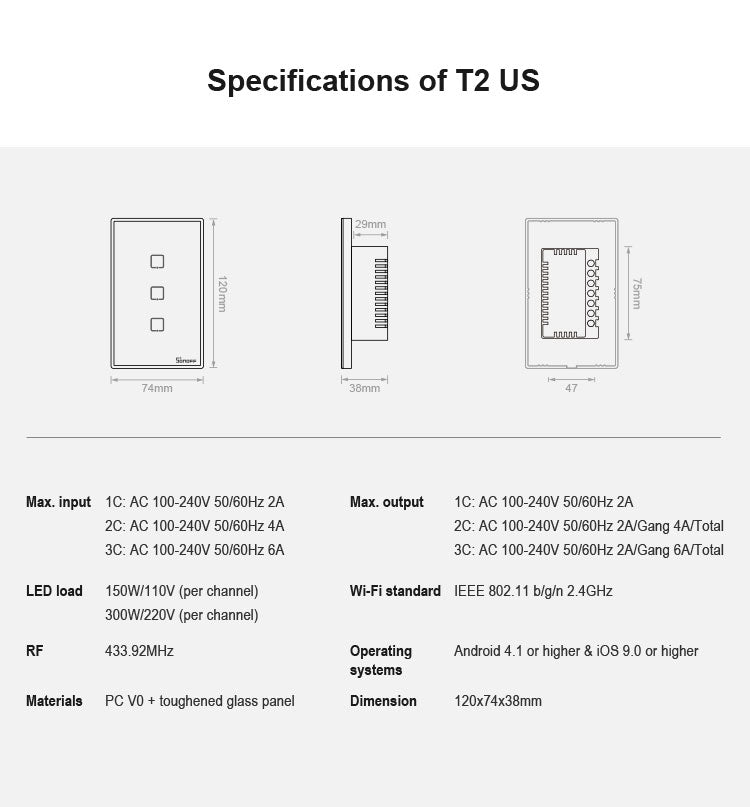 Sonoff T2 Touch 120mm gehärtetes Glas Panel Wandschalter Smart Home Licht Touch-Schalter, Kompatibel mit Alexa und Google Home, AC 100V-240V, US-Stecker, 120mm/ 3 US-Stecker