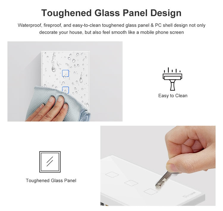 Sonoff T2 Touch 120mm gehärtetes Glas Panel Wandschalter Smart Home Licht Touch-Schalter, Kompatibel mit Alexa und Google Home, AC 100V-240V, US-Stecker, 120mm/ 3 US-Stecker