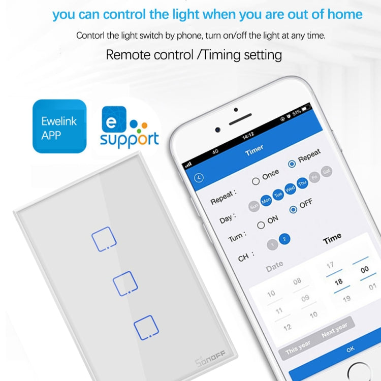 Sonoff T2 Touch 120mm gehärtetes Glas Panel Wandschalter Smart Home Licht Touch-Schalter, Kompatibel mit Alexa und Google Home, AC 100V-240V, US-Stecker, 120mm/ 3 US-Stecker