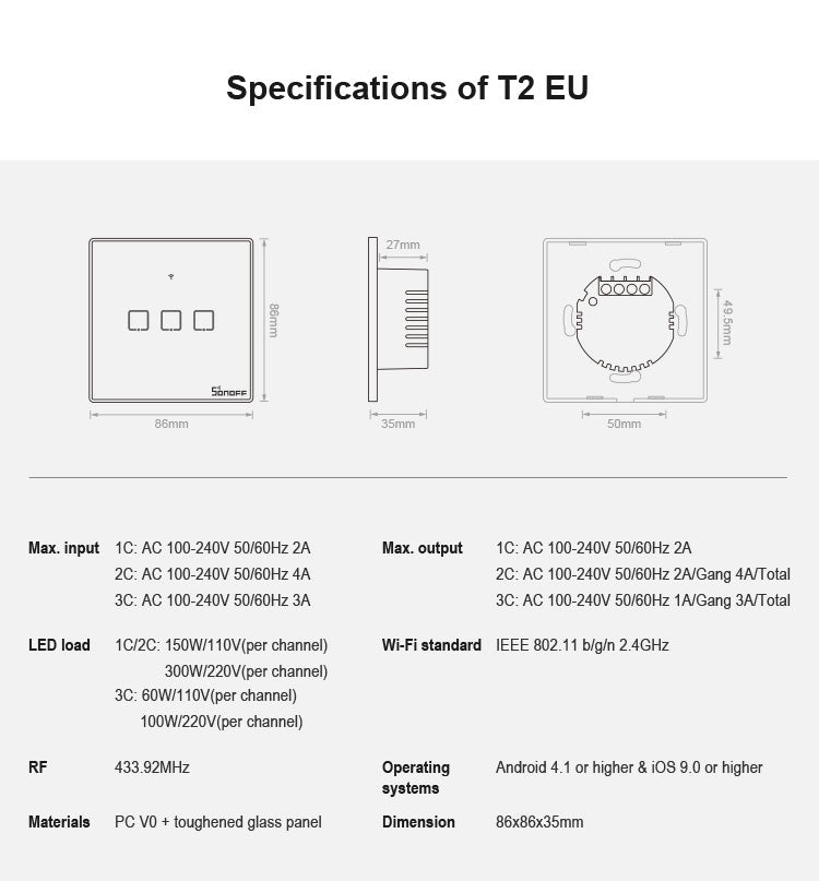 Sonoff T2 Touch 86mm gehärtetes Glas Panel Wandschalter Smart Home Licht Touch-Schalter, kompatibel mit Alexa und Google Home, AC 100V-240V, EU-Stecker, 86mm/ 2 EU-Stecker