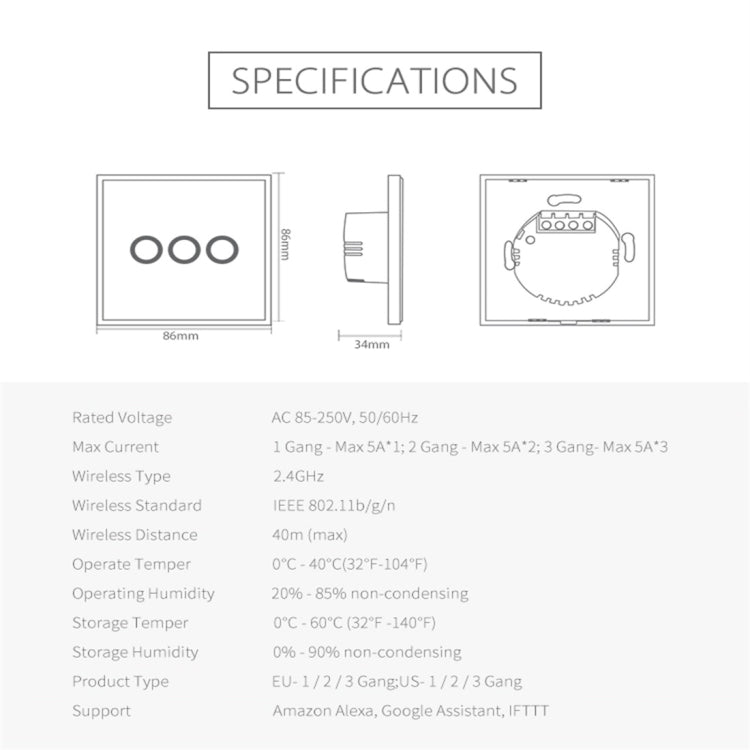 NEO NAS-SC03W Kabelloser WiFi EU Smart Lichtsteuerungsschalter 3-fach, 3-fach