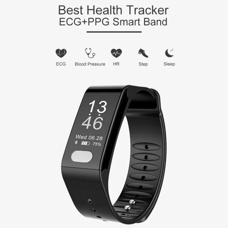 TLW T6 Fitness-Tracker mit 0,96-Zoll-OLED-Display, Smart-Armband, unterstützt Sportmodus, EKG, Herzfrequenzmessung, Blutdruckmessung und Schlafüberwachung. Erhältlich in Schwarz, Blau und Rot.