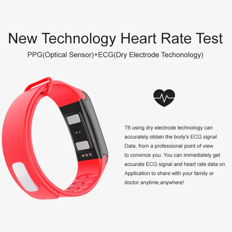 TLW T6 Fitness-Tracker mit 0,96-Zoll-OLED-Display, Smart-Armband, unterstützt Sportmodus, EKG, Herzfrequenzmessung, Blutdruckmessung und Schlafüberwachung. Erhältlich in Schwarz, Blau und Rot.