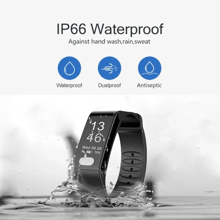 TLW T6 Fitness-Tracker mit 0,96-Zoll-OLED-Display, Smart-Armband, unterstützt Sportmodus, EKG, Herzfrequenzmessung, Blutdruckmessung und Schlafüberwachung. Erhältlich in Schwarz, Blau und Rot.