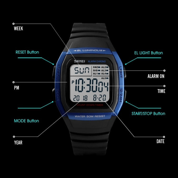 SKMEI 1278 Modische Outdoor 50m Wasserdichte Digitaluhr Studenten Sport Armbanduhr Unterstützt 5 Gruppen Wecker