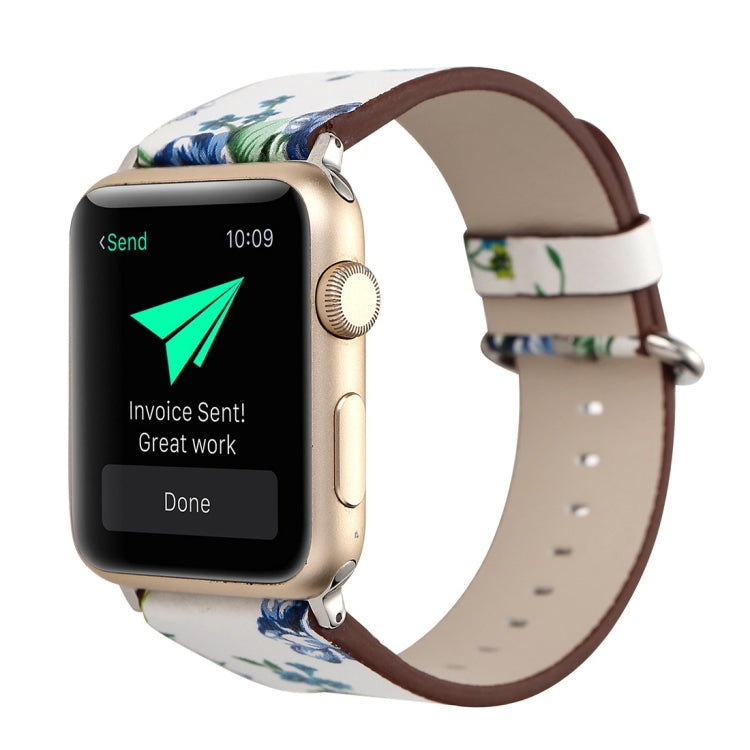 Für Apple Watch Ultra 49mm&Watch Ultra 2 49mm / Series 10 46mm / 9&8&7 45mm / SE 3&SE 2&6&SE&5&4 44mm / 3&2&1 42mm modischer Pastoralismus Stil kleines Blumenmuster Damen Uhrenarmband aus Leder, Für 42mm C, Für 42mm D, Für 42mm E, Für 42mm F, Für 42mm ...