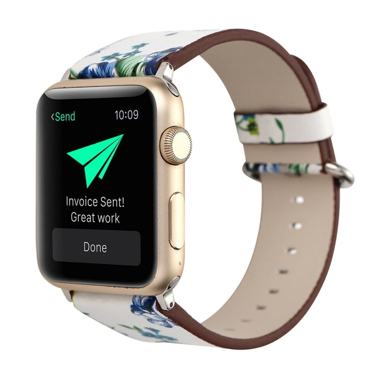 Für Apple Watch Ultra 49mm&Watch Ultra 2 49mm / Series 10 46mm / 9&8&7 45mm / SE 3&SE 2&6&SE&5&4 44mm / 3&2&1 42mm modischer Pastoralismus Stil kleines Blumenmuster Damen Uhrenarmband aus Leder, Für 42mm C, Für 42mm D, Für 42mm E, Für 42mm F, Für 42mm ...