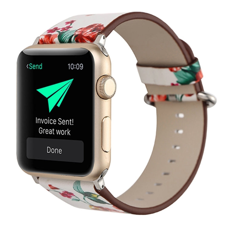 Für Apple Watch Ultra 49mm&Watch Ultra 2 49mm / Series 10 46mm / 9&8&7 45mm / SE 3&SE 2&6&SE&5&4 44mm / 3&2&1 42mm modischer Pastoralismus Stil kleines Blumenmuster Damen Uhrenarmband aus Leder, Für 42mm C, Für 42mm D, Für 42mm E, Für 42mm F, Für 42mm ...