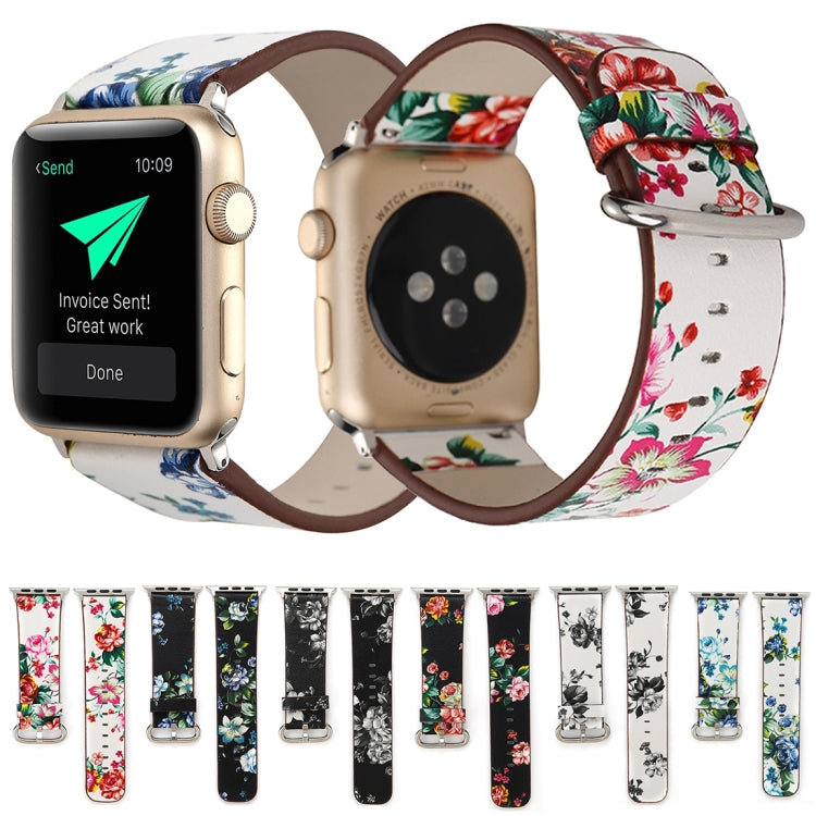 Für Apple Watch Ultra 49mm&Watch Ultra 2 49mm / Series 10 46mm / 9&8&7 45mm / SE 3&SE 2&6&SE&5&4 44mm / 3&2&1 42mm modischer Pastoralismus Stil kleines Blumenmuster Damen Uhrenarmband aus Leder, Für 42mm C, Für 42mm D, Für 42mm E, Für 42mm F, Für 42mm ...