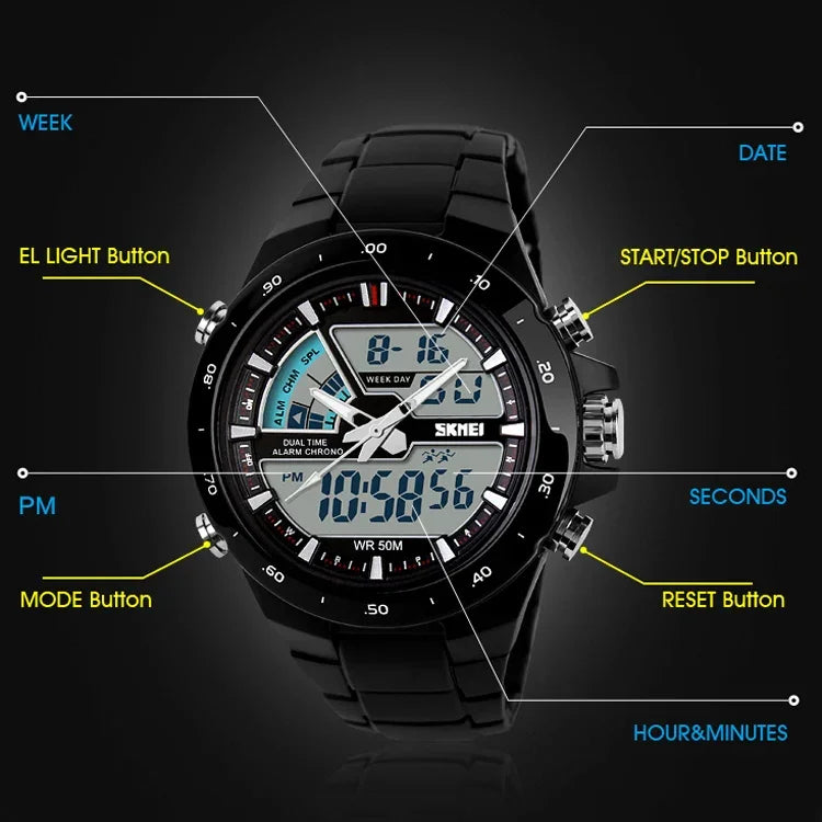 SKMEI 1016 Multifunktionale Herren Outdoor-Sport-Nachtlicht-Wasserdichte Doppel-Digitaluhr