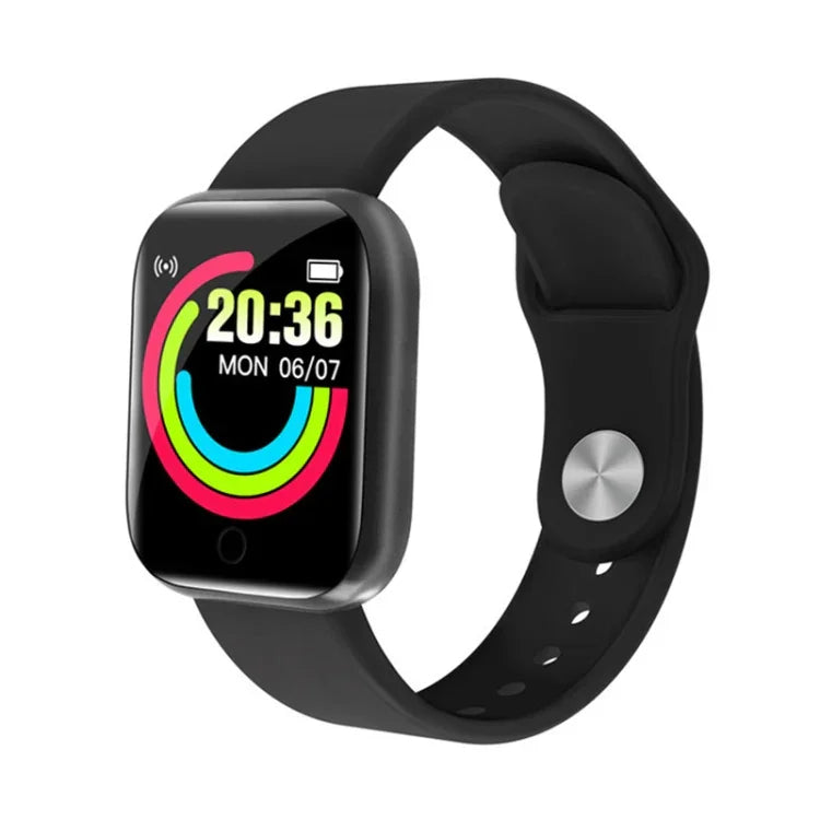 Y68 Smartwatch (1,44 Zoll), unterstützt Herzfrequenz-, Blutdruck- und Blutsauerstoffmessung, erhältlich in Schwarz, Pink und Weiß.