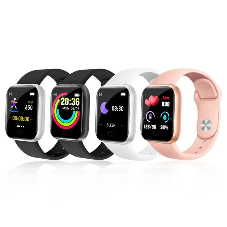Y68 Smartwatch (1,44 Zoll), unterstützt Herzfrequenz-, Blutdruck- und Blutsauerstoffmessung, erhältlich in Schwarz, Pink und Weiß.