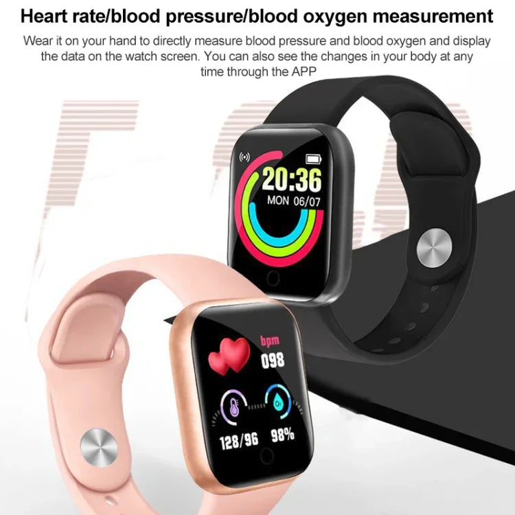 Y68 Smartwatch (1,44 Zoll), unterstützt Herzfrequenz-, Blutdruck- und Blutsauerstoffmessung, erhältlich in Schwarz, Pink und Weiß.