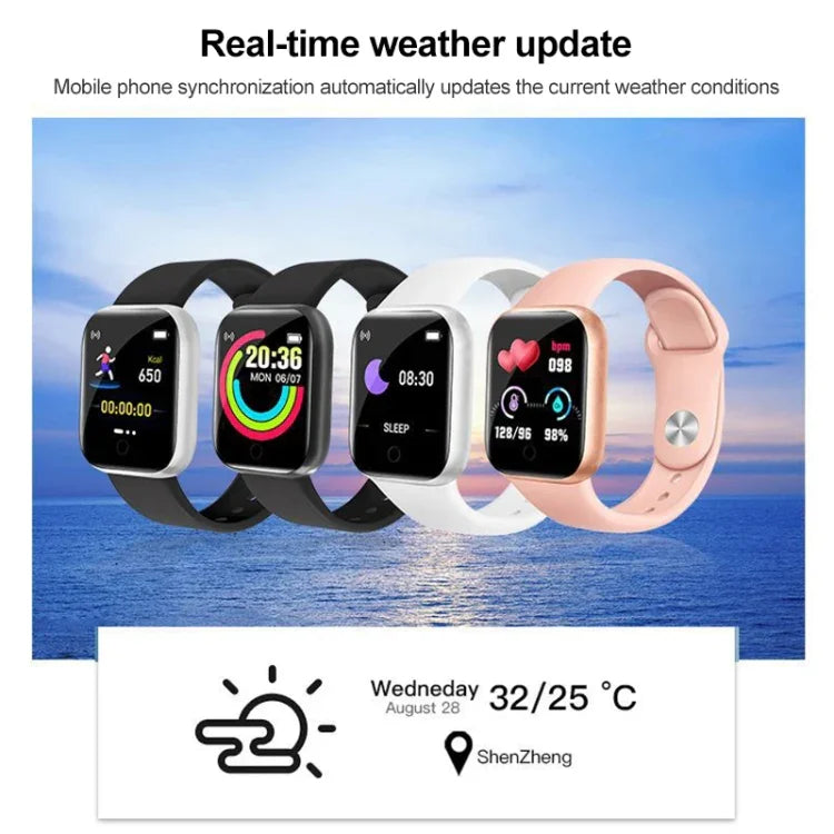 Y68 Smartwatch (1,44 Zoll), unterstützt Herzfrequenz-, Blutdruck- und Blutsauerstoffmessung, erhältlich in Schwarz, Pink und Weiß.