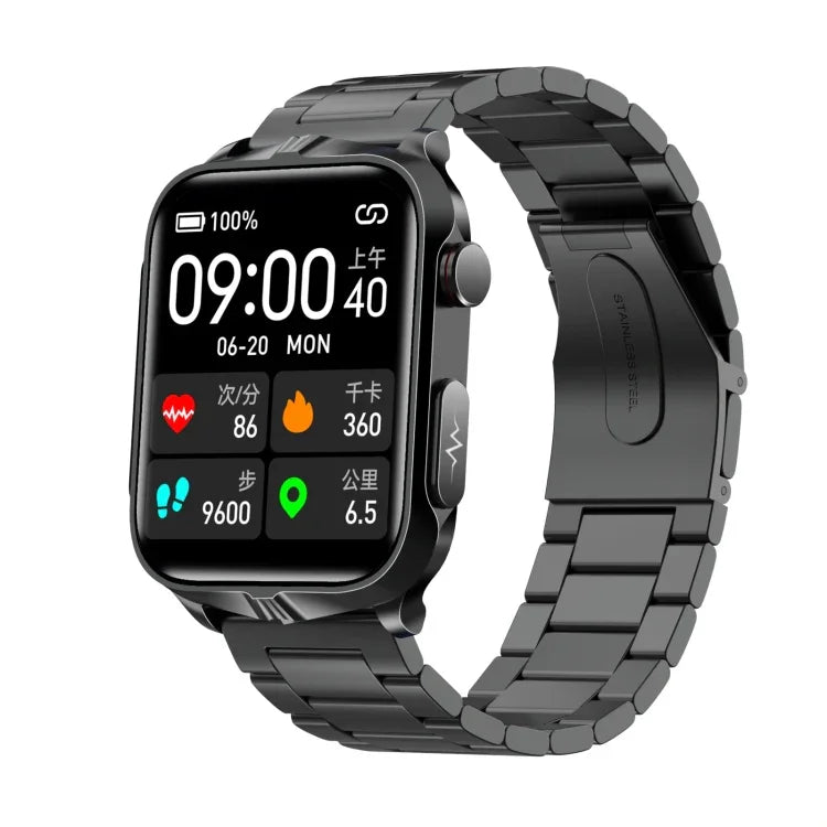 TK11P Smartwatch mit 1,83 Zoll IPS-Bildschirm, IP68 wasserdicht, Stahlarmband, Unterstützung für Stressüberwachung/EKG, Stahlarmband (Schwarz)