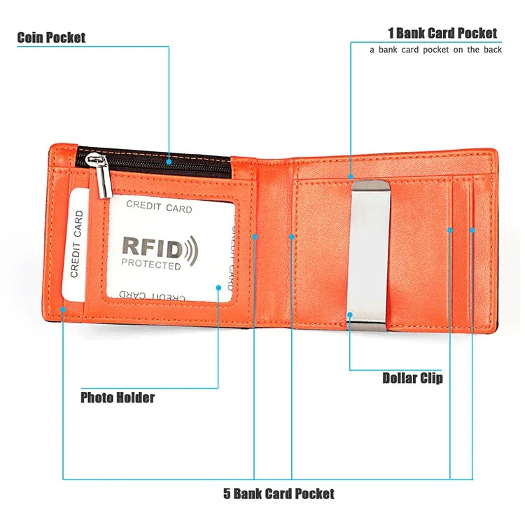 9606 Geldbörse aus Rindsleder, anti-magnetisch, RFID, mehrere Kartenfächer für Herren, mit Reißverschlusstasche, 9606 Schwarz, 9606 Kaffee
