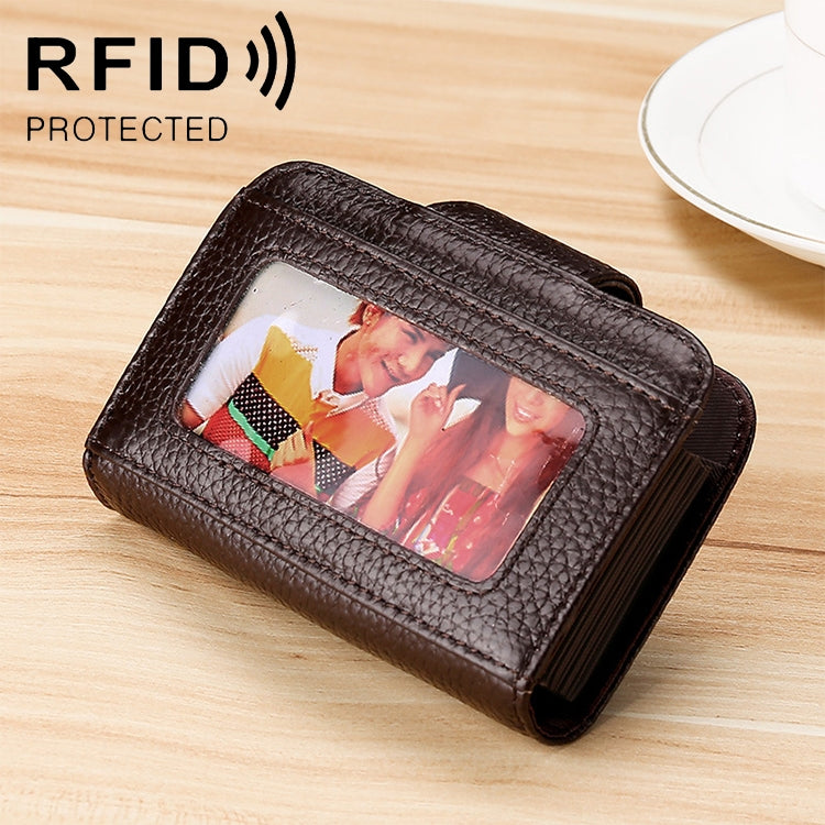 KB188 Horizontales Portemonnaie aus Rindsleder in Orgelform mit mehreren Kartenfächern und Anti-RFID für Damen, mit transparentem Fenster, KB188 Lila, KB188 Rosenrot, KB188 Saphirblau, KB188 Schwarz, KB188 Kaffee