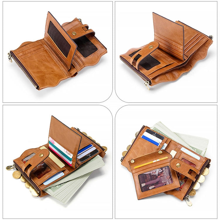 LT3539 Cowhide Leather Zipper Buckle Anti-magnetic RFID Wallet Clutch Bag for Men, with Card Slots & Shoulder Strap, LT3539 Yellowish-brown, LT3539 Shoulder Strap Blue, LT3539 Strap Red