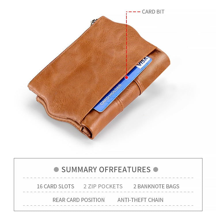 LT3539 Cowhide Leather Zipper Buckle Anti-magnetic RFID Wallet Clutch Bag for Men, with Card Slots & Shoulder Strap, LT3539 Yellowish-brown, LT3539 Shoulder Strap Blue, LT3539 Strap Red