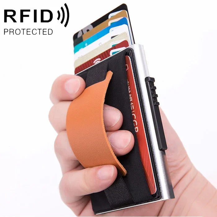 X-32C Automatically Pop-up Card Type Anti-magnetic RFID Anti-theft Men Aluminum Alloy A Dial Button Elastic Bag Wallet with PU Leather Strap, X-32C A Dial Button  Silver, X-32C A Dial Button Black