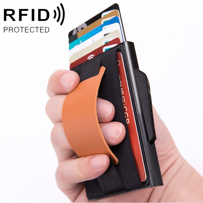 X-32C Automatisch aufklappbare Karte Typ Antimagnetisch RFID Diebstahlsicher Herren Aluminiumlegierung B-Wahl Knopf Elastische Tasche Geldbörse mit PU-Lederband, X-32C B-Wahl Knopf Grau, X-32C B-Wahl Knopf Blau, X-32C B-Wahl Knopf Schwarz