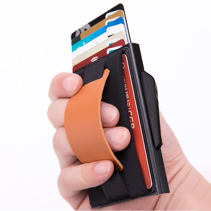 X-32C Automatisch aufklappbare Karte Typ Antimagnetisch RFID Diebstahlsicher Herren Aluminiumlegierung B-Wahl Knopf Elastische Tasche Geldbörse mit PU-Lederband, X-32C B-Wahl Knopf Grau, X-32C B-Wahl Knopf Blau, X-32C B-Wahl Knopf Schwarz