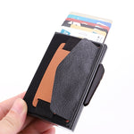 X-32C Automatisch aufklappbare Karte Typ Antimagnetisch RFID Diebstahlsicher Herren Aluminiumlegierung B-Wahl Knopf Elastische Tasche Geldbörse mit PU-Lederband, X-32C B-Wahl Knopf Grau, X-32C B-Wahl Knopf Blau, X-32C B-Wahl Knopf Schwarz
