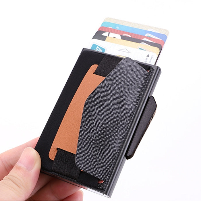 X-32C Automatisch aufklappbare Karte Typ Antimagnetisch RFID Diebstahlsicher Herren Aluminiumlegierung B-Wahl Knopf Elastische Tasche Geldbörse mit PU-Lederband, X-32C B-Wahl Knopf Grau, X-32C B-Wahl Knopf Blau, X-32C B-Wahl Knopf Schwarz