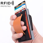 X-32C Automatisch aufklappbare Karte Typ Antimagnetisch RFID Diebstahlsicher Herren Aluminiumlegierung B-Wahl Knopf Elastische Tasche Geldbörse mit PU-Lederband, X-32C B-Wahl Knopf Grau, X-32C B-Wahl Knopf Blau, X-32C B-Wahl Knopf Schwarz