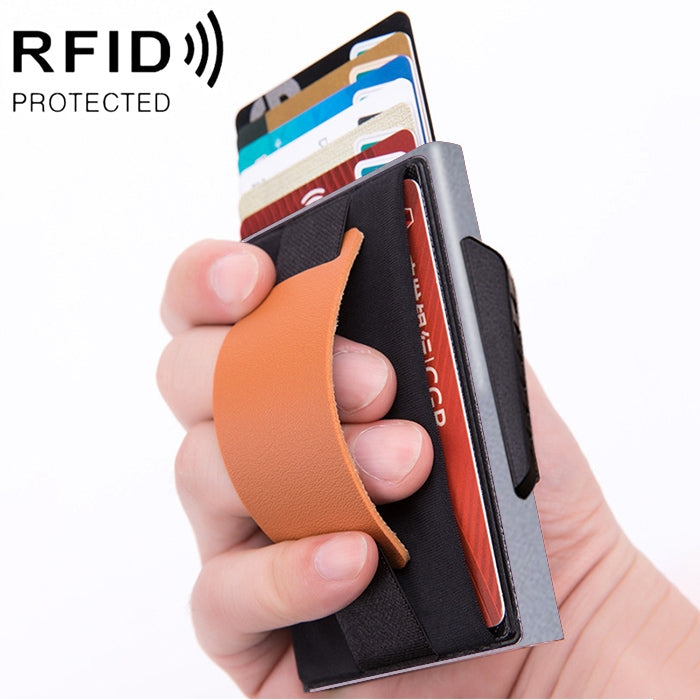X-32C Automatisch aufklappbare Karte Typ Antimagnetisch RFID Diebstahlsicher Herren Aluminiumlegierung B-Wahl Knopf Elastische Tasche Geldbörse mit PU-Lederband, X-32C B-Wahl Knopf Grau, X-32C B-Wahl Knopf Blau, X-32C B-Wahl Knopf Schwarz