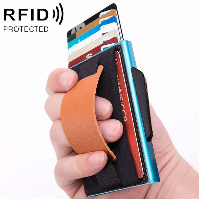 X-32C Automatisch aufklappbare Karte Typ Antimagnetisch RFID Diebstahlsicher Herren Aluminiumlegierung B-Wahl Knopf Elastische Tasche Geldbörse mit PU-Lederband, X-32C B-Wahl Knopf Grau, X-32C B-Wahl Knopf Blau, X-32C B-Wahl Knopf Schwarz
