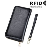 Echtes Rindsleder Litschi-Textur Reißverschluss Lange Stil Kartenhalter Geldbörse RFID-Blockierung Münzbörse Kartenetui Schutzhülle mit Handschlaufe für Damen, Größe: 20*10,5*3cm