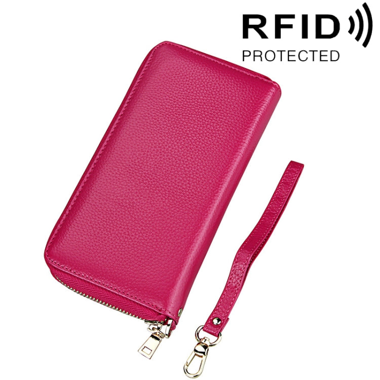 Echtes Rindsleder Litschi-Textur Reißverschluss Lange Stil Kartenhalter Geldbörse RFID-Blockierung Münzbörse Kartenetui Schutzhülle mit Handschlaufe für Damen, Größe: 20*10,5*3cm