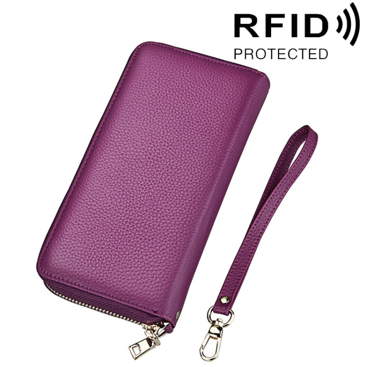 Echtes Rindsleder Litschi-Textur Reißverschluss Lange Stil Kartenhalter Geldbörse RFID-Blockierung Münzbörse Kartenetui Schutzhülle mit Handschlaufe für Damen, Größe: 20*10,5*3cm
