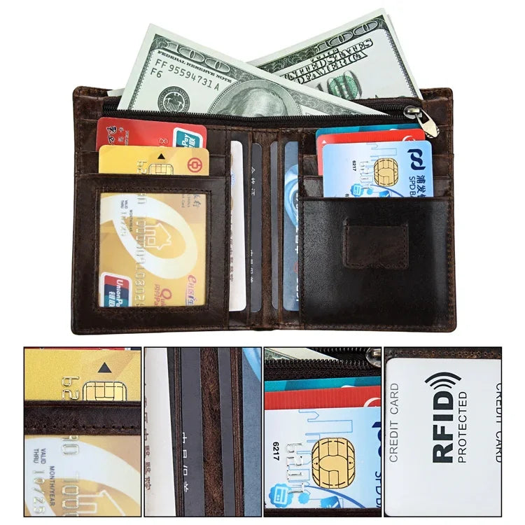 8232 Antimagnetisches RFID-Herren-Portemonnaie aus gewachstem Ölleder mit abnehmbarem Kartenhalter, 8232