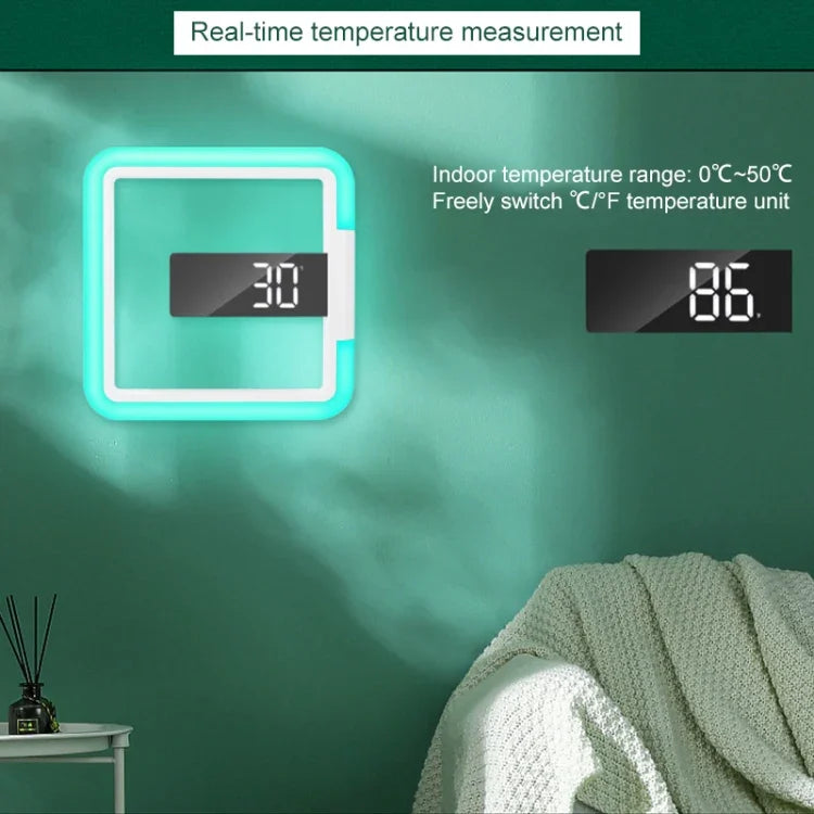 TS-S28-W Multifunktionaler quadratischer RGB-Thermometer-Digitalwecker LED-Spiegel-Hohlwanduhr, RGB-Thermometeruhr